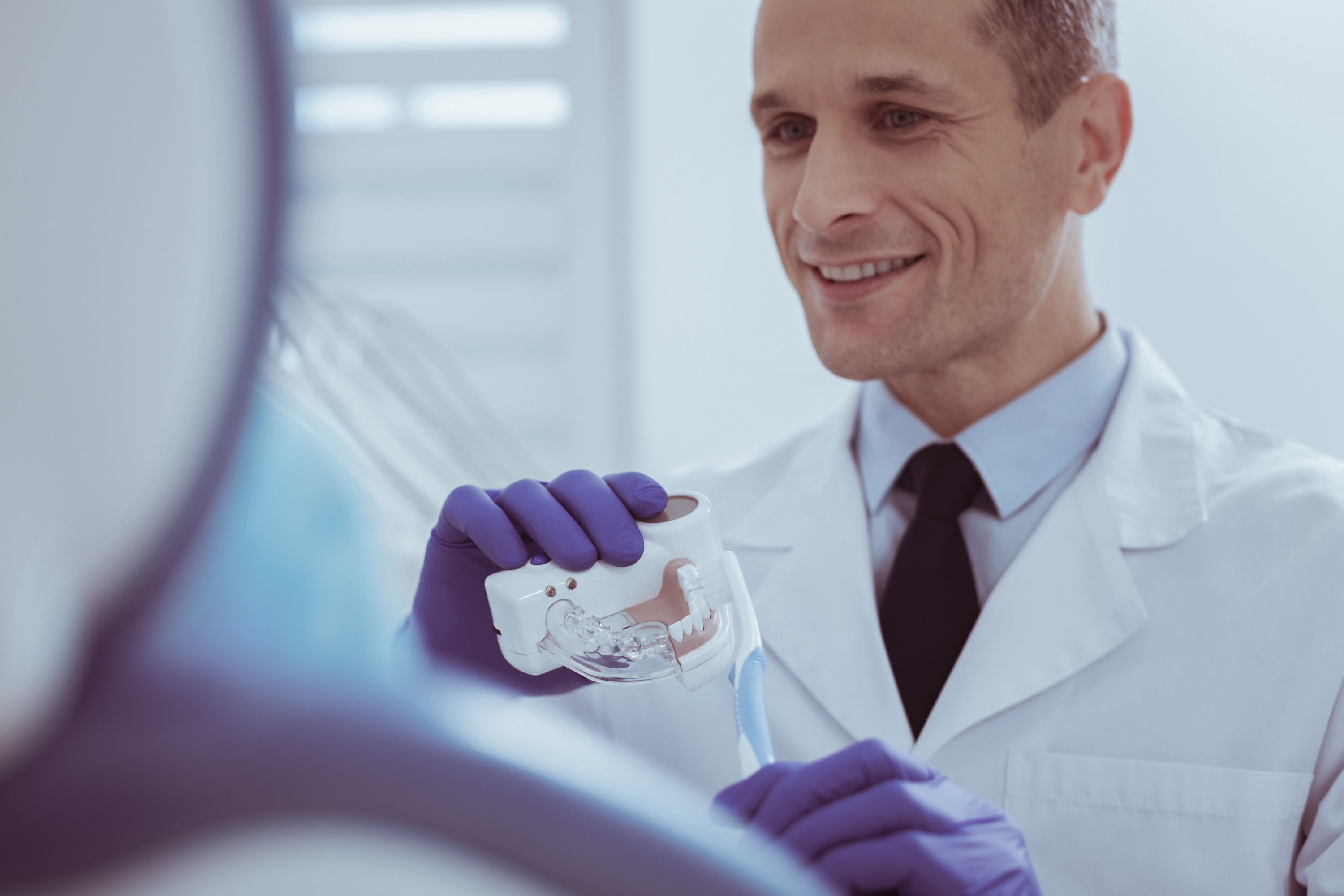 dentist holding dental model saves time by delegating dental marketing tasks to a dental marketing company