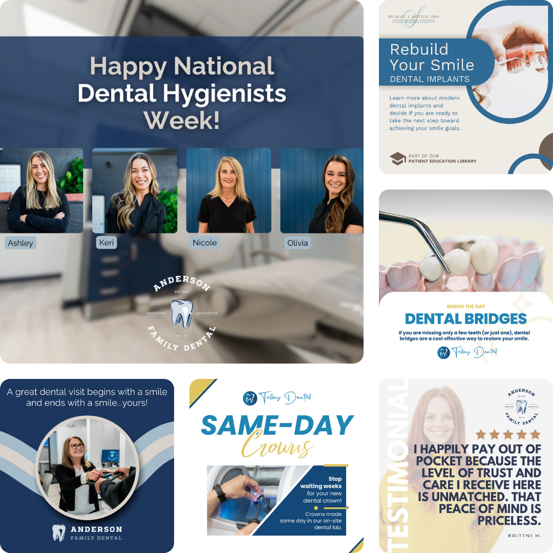 grid gallery of custom social media posts for dentists by the team at Edify Dental Marketing
